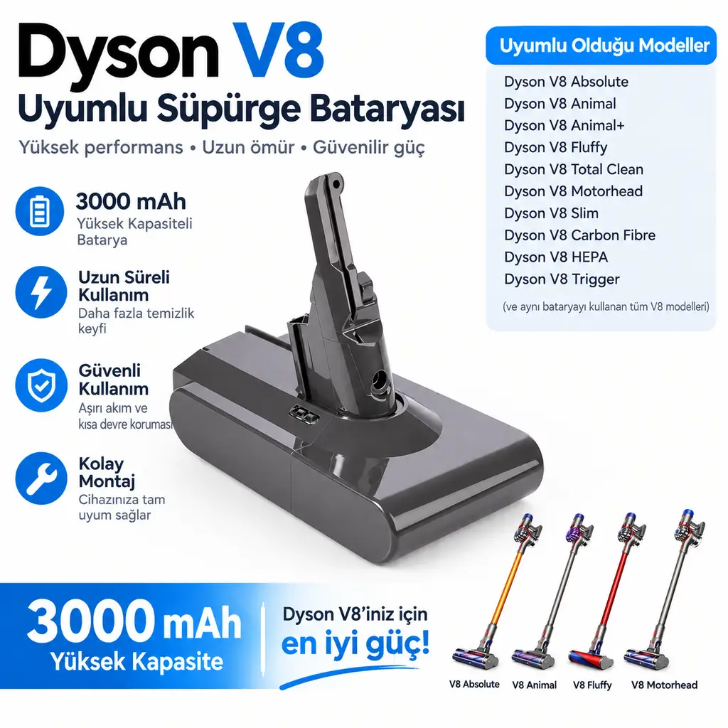 Dyson V8 Absolute Cord-Free ile uyumlu süpürge bataryası 3000 mah